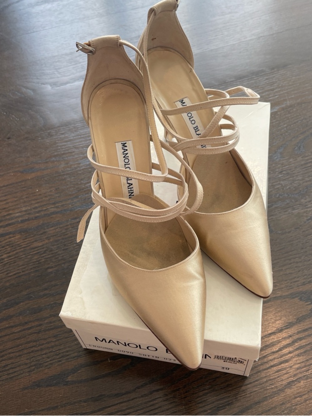 Manolo Blahnik Champagne Strappy Pointed-Toe Pumps
